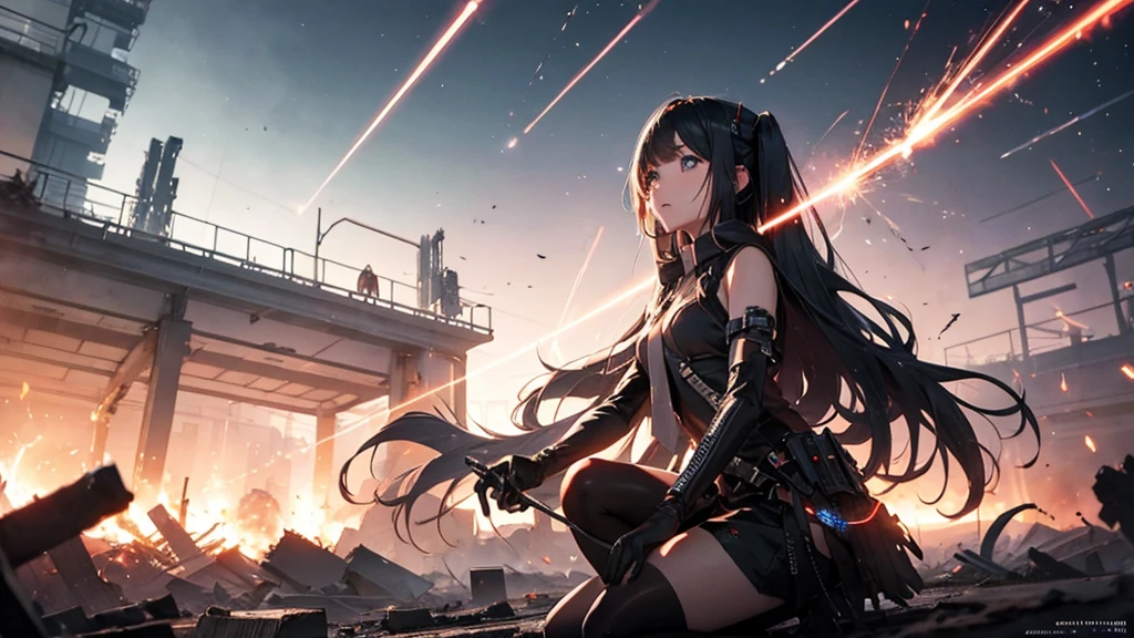 With falling sparks on the background of a ruined city、Heavy metal style cover image。