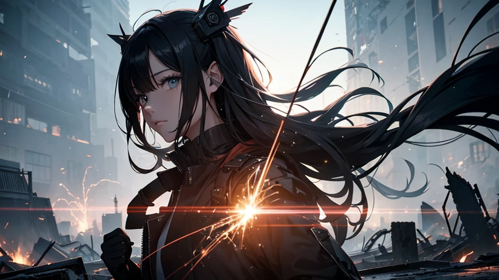 With falling sparks on the background of a ruined city、Heavy metal style cover image。