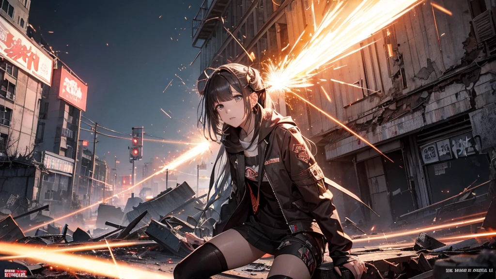 With falling sparks on the background of a ruined city、Heavy metal style cover image。