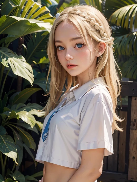 One girl, Blonde, Pointed Ears, blue eyes, Garment Lift, alone, hair ornaments, Hair Clip, Long Hair, Lift up your shirt, Braiding, View your viewers, lips, Lifted it himself, horse, Upper Body, belly button, Day,White shirt,