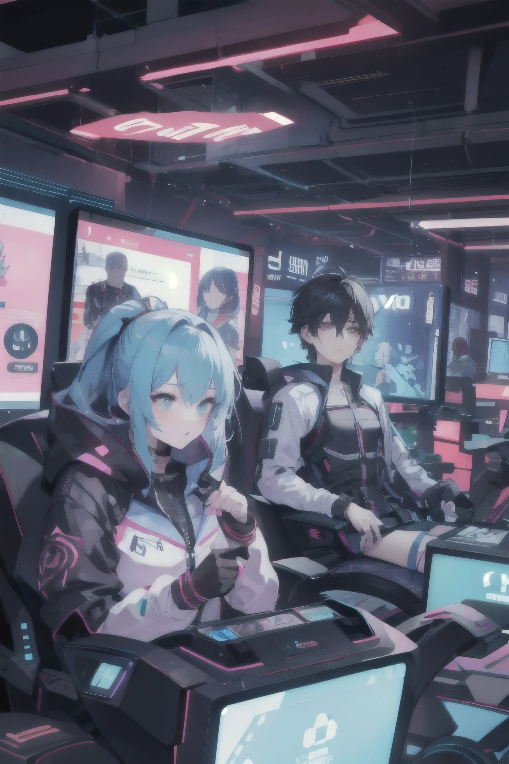 2 people,1 Girl,1 Boy,cute,Play video games,cyberpunk