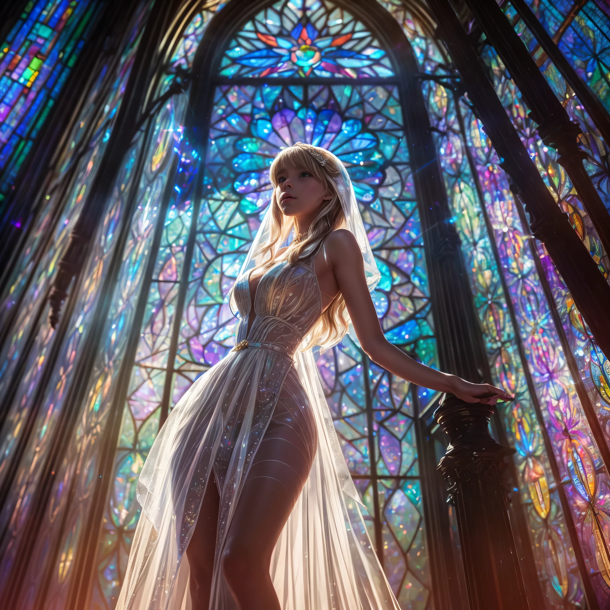 (Cathedral from below:1.28) (ZoomLayer) TopQuality 8K masterpiece of ((Professional photo)), (((Clarisse de Cagliostro))) (Detailed White WeddingDresses), Chain, (((Extremely detailed KAWAII face))) {((VeiledFace))|BlondeHair|(Elaborate BuleEyes)with(SparklingHighlights:1.28)}, The background is distant (((Elaborate stained glass))) Rainbow Glass, {(MysticSight)|EnchantingAtmosphere|Haze|(GodRays)|TyndallEffect}, Radiant PearlSkin with Transparency, (Exposed:0.39)