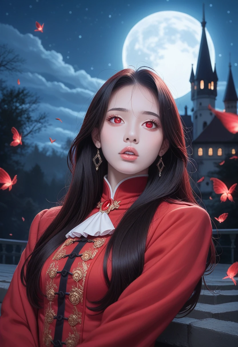 masterpiece, best quality, (Focus only), (Perfect face:1.1), (High Detail:1.1), (Extremely detailed eyes), dramatic, 1 person, (Pale skin), 金色的Long hair, (Red iris), Personal Focus, vampire, Long hair, moon, night, Red luxury suit, Pursed lips, castle, Detailed background, Artgerm's Artwork, light, Red rose, Fashion
