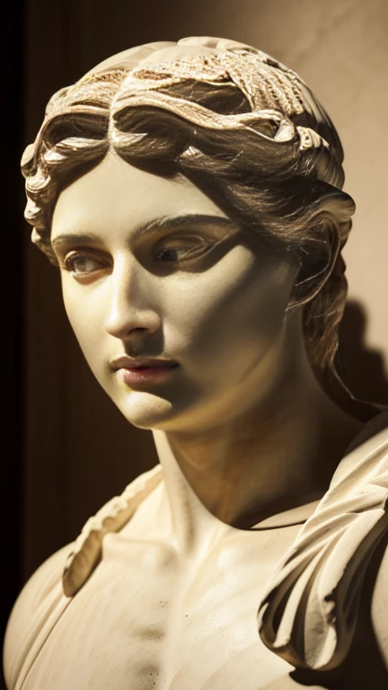 detailed ancient greek statue, hyper realistic, intricate sculpted details, beautiful classical figure, chiseled facial features, glowing skin, warm dramatic lighting, photorealistic, museum quality, 8k, masterpiece, elegant pose, neoclassical style, dramatic shadows, cinematic composition, high contrast, deep saturated colors