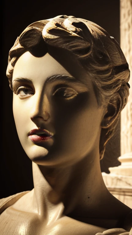 detailed ancient greek statue, hyper realistic, intricate sculpted details, beautiful classical figure, chiseled facial features, glowing skin, warm dramatic lighting, photorealistic, museum quality, 8k, masterpiece, elegant pose, neoclassical style, dramatic shadows, cinematic composition, high contrast, deep saturated colors