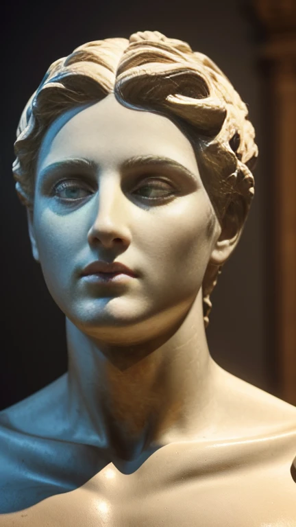 detailed ancient greek statue, hyper realistic, intricate sculpted details, beautiful classical figure, chiseled facial features, glowing skin, warm dramatic lighting, photorealistic, museum quality, 8k, masterpiece, elegant pose, neoclassical style, dramatic shadows, cinematic composition, high contrast, deep saturated colors