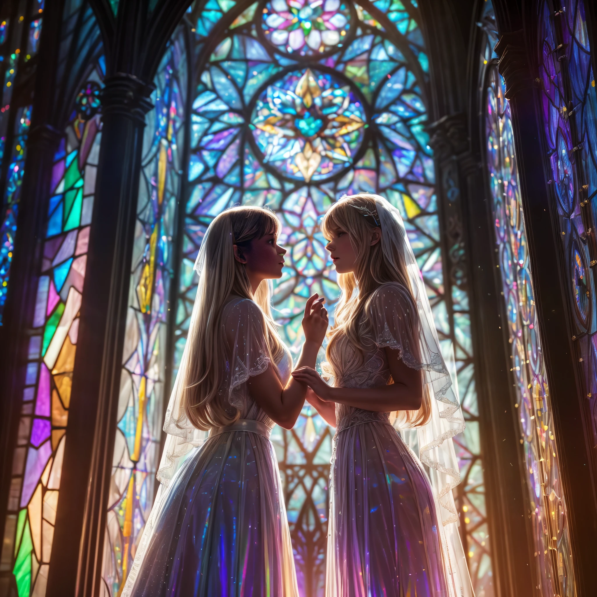 (Cathedral from below:1.28) (ZoomLayer) TopQuality 8K masterpiece of ((Professional photo)), (((Clarisse de Cagliostro))) (Detailed White WeddingDresses), Chain, (((Extremely detailed KAWAII face))) {((VeiledFace))|BlondeHair|(Elaborate BuleEyes)with(SparklingHighlights:1.28)}, The background is distant (((Elaborate stained glass))) Rainbow Glass, {(MysticSight)|EnchantingAtmosphere|Haze|(GodRays)|TyndallEffect}, Radiant PearlSkin with Transparency, (Exposed:0.39)