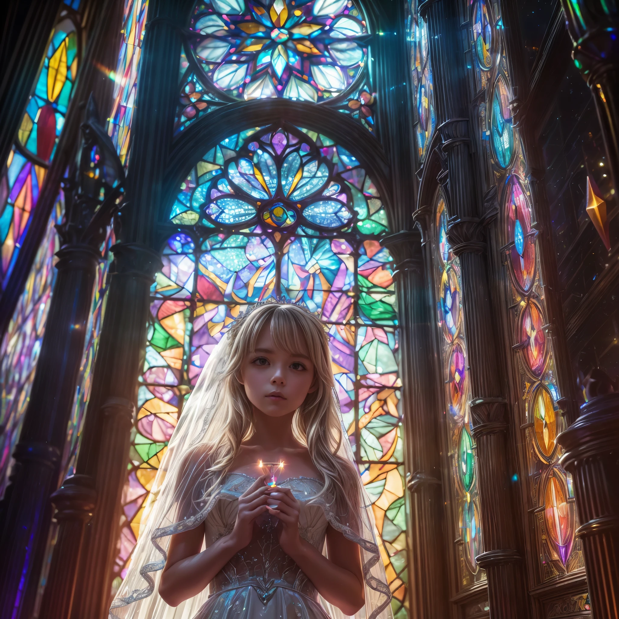 (Cathedral from below:1.28) (ZoomLayer) TopQuality 8K masterpiece of ((Professional photo)), (((Clarisse de Cagliostro))) (Detailed White WeddingDresses), Chain, (((Extremely detailed KAWAII face))) {((VeiledFace))|BlondeHair|(Elaborate BuleEyes)with(SparklingHighlights:1.28)}, The background is distant (((Elaborate stained glass))) Rainbow Glass, {(MysticSight)|EnchantingAtmosphere|Haze|(GodRays)|TyndallEffect}, Radiant PearlSkin with Transparency, (Exposed:0.39)