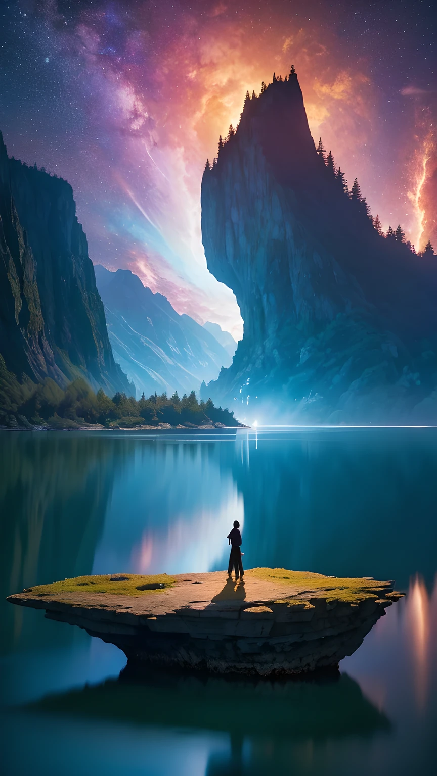 Photographs that capture the essence of a magical dream world. An epic cliff，Hanging over a beautiful lake, Surreal and vivid colors illuminate its reflection. The atmosphere is otherworldly, The soft night light casts a flowing shadow. The image creates a sense of depth and mystery, It&#39;s as if the audience is taken into another dimension., Create beautiful and memorable work. Shot with Canon EosIII Zeiss 120mm wide angle lens