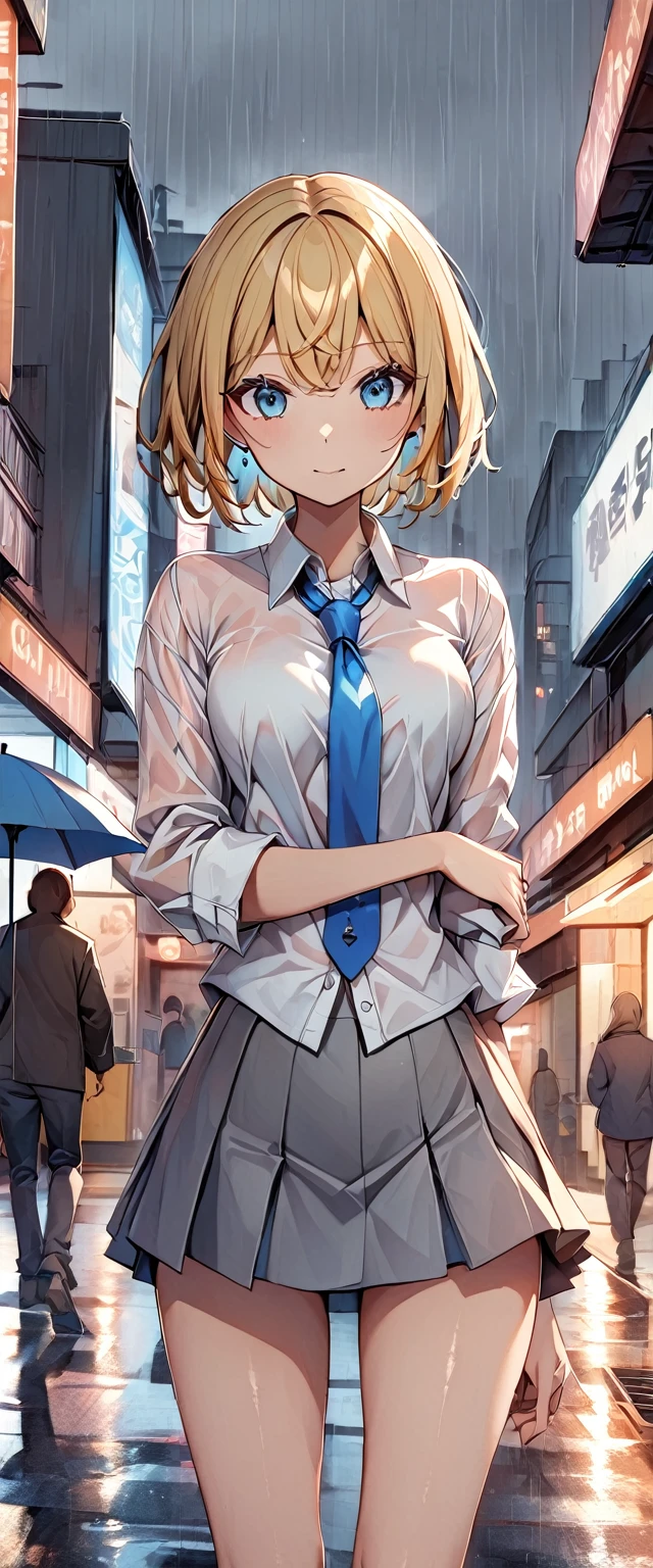 One girl, Blonde, short hair, blue eyes, White shirt, mini skirt, Rolling up your sleeves, Light blue tie, Grey Skirt, city, rain, Detailed Background