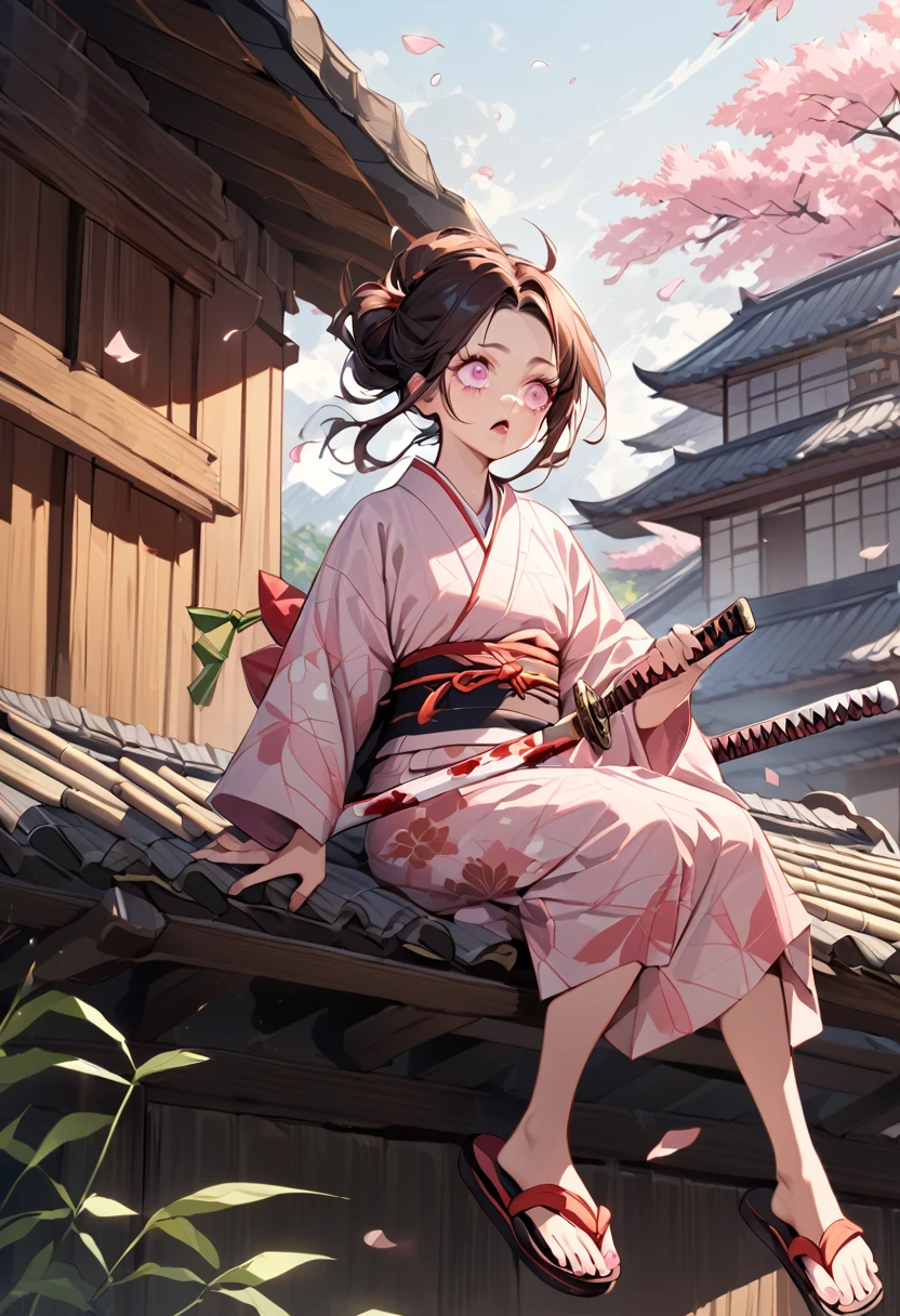 a female character, wearing a plain colored kimono, named "NEZUKO" in the story "demon slayer" with pink eyes, flip-flops, with a mouth that is biting pieces of bamboo, is sitting on a roof tile while holding a katana, with realistic cherry blossom effects flying