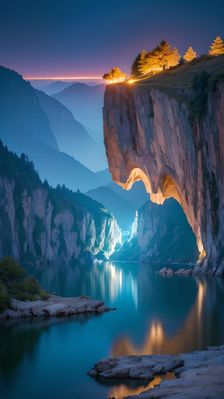 Photographs that capture the essence of a magical dream world. An epic cliff,Hanging over a beautiful lake, Surreal and vivid colors illuminate its reflection. The atmosphere is otherworldly, The soft night light casts a flowing shadow. The image creates a sense of depth and mystery, It's as if the audience is taken into another dimension., Create beautiful and memorable work. Shot with Canon EosIII Zeiss 120mm wide angle lens