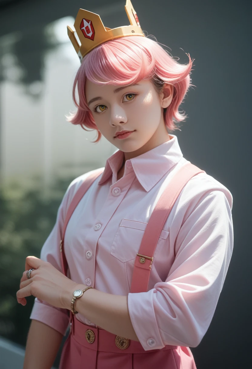 (8K, RAW photos, best quality, masterpiece), Ultra-high resolution, (Practical, photo-Practical), 1 Girl, callous, Solitary, Pink Hair, Yellow eyes, Professional lighting, Detailed lighting, Backlight, Depth of Field, Natural Lighting, Clear focus, Two-meter shooting distance, Professional photo shoot, Delicate eyes, Practical eyes, Detailed shadows, CG Games, role play, Pink clothes with arm ring, Suspenders, Upper Body, Pink clothes, External, crown, Gundam, Mecha,