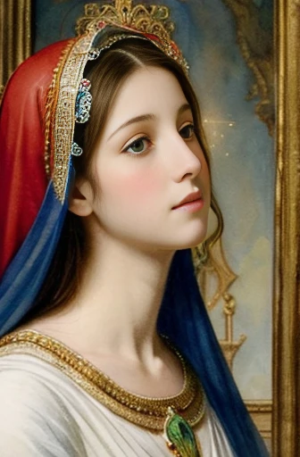 Watercolor painting, Gustave Moreau painting. Beautiful ((Mother Mary:1.2)), symmetric face, Small bust, praying, halo