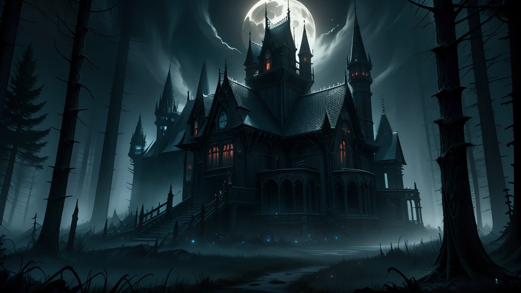 a beautiful haunting moonlit halloween night forest landscape, a dark mysterious castle in the background, a winding moonlit forest path, eerie moonlight, horror, spooky, (best quality,4k,8k,highres,masterpiece:1.2),ultra-detailed,(realistic,photorealistic,photo-realistic:1.37),cinematic lighting,dramatic shadows,moody atmosphere,dramatic lighting,vibrant colors,dark and moody,gothic,fantasy