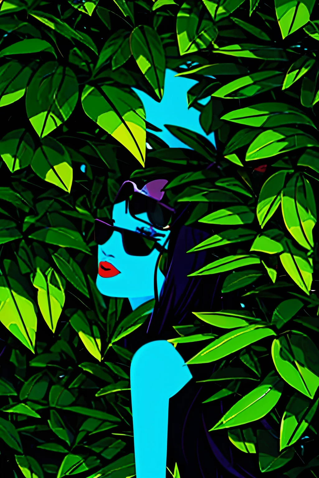 illustration
leaf
green theme
solo
no humans
plant
blue eyes
looking at viewer
sunglasses
outdoors
red lips
makeup
pokemon (creature)
lipstick
nature