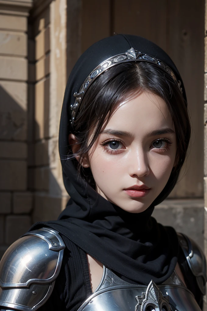 (8k, Highest quality:1.2)、 High resolution, (Skin Texture:1.1), Highest quality, 超High resolution, (Realistic: 1.4), RAW Photos, masterpiece,Realistic, High resolution, 1 girl, 30-year-old woman、Hip Up, long, straight black hair, Beautiful Eyes, Normal Breast, Dark Souls Style, armor, Black hijab, Assassin's Simage、Black Niqab, Gold embroidery, Ultra-detailed armpits, Sweaty armpits, Wet, Muscular, Desert castle, Backlight, ((Holding a dagger))、((Perfect Face))、Big eyes、Delicate eyes、体にフィットするarmor、looking at the camera、