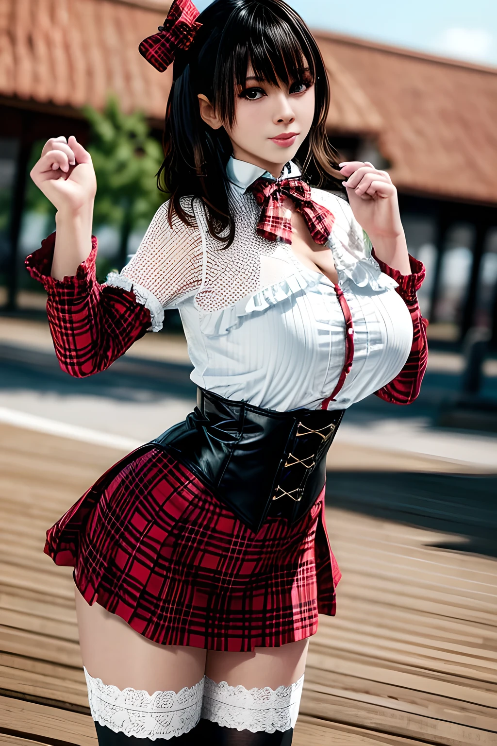 1girl, wearing a red and black plaid skirt with white ruffles. She is also wearing a white long-sleeved shirt with a red plaid bow tie. In addition, she has a black corset over the shirt with red lace. She is wearing a white tights. With a slight smile on her face, she exudes a cute and playful atmosphere.,,huge breasts,Nanami