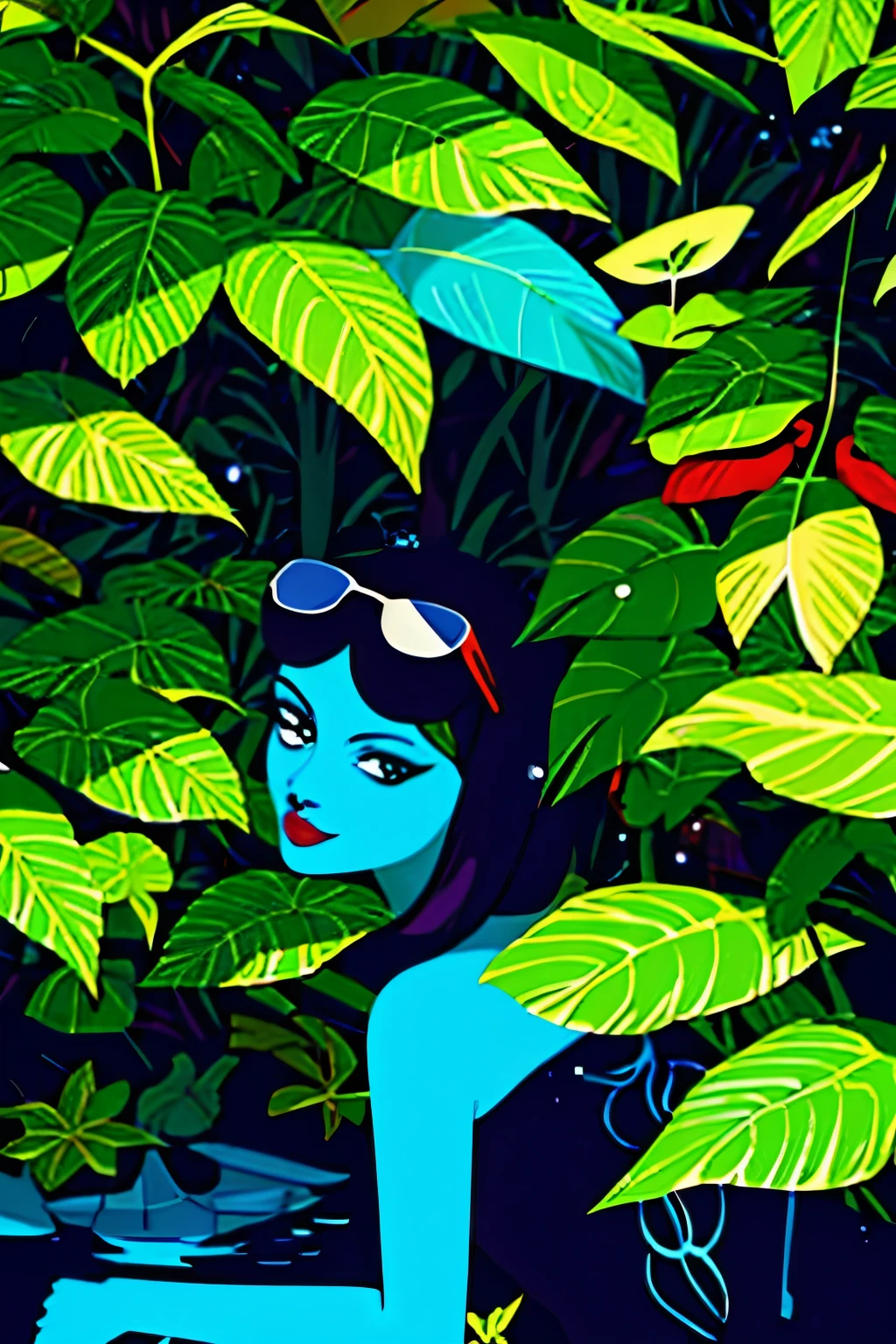 illustration
leaf
green theme
solo
no humans
plant
blue eyes
looking at viewer
sunglasses
outdoors
red lips
makeup
pokemon (creature)
lipstick
nature