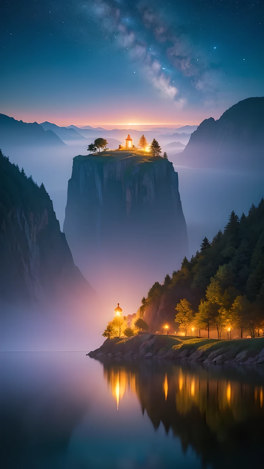 Photographs that capture the essence of a magical dream world. An epic cliff,Hanging over a beautiful lake, Surreal and vivid colors illuminate its reflection. The atmosphere is otherworldly, The soft night light casts a flowing shadow. The image creates a sense of depth and mystery, It's as if the audience is taken into another dimension., Create beautiful and memorable work. Shot with Canon EosIII Zeiss 120mm wide angle lens