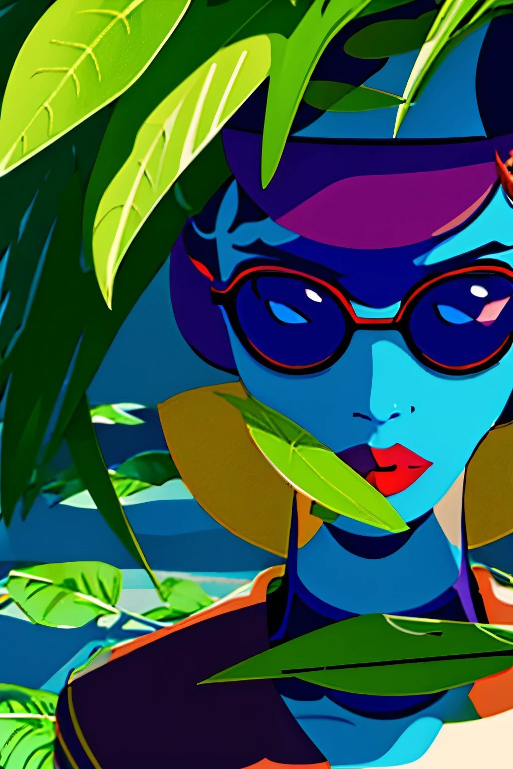 illustration
leaf
green theme
solo
no humans
plant
blue eyes
looking at viewer
sunglasses
outdoors
red lips
makeup
pokemon (creature)
lipstick
nature