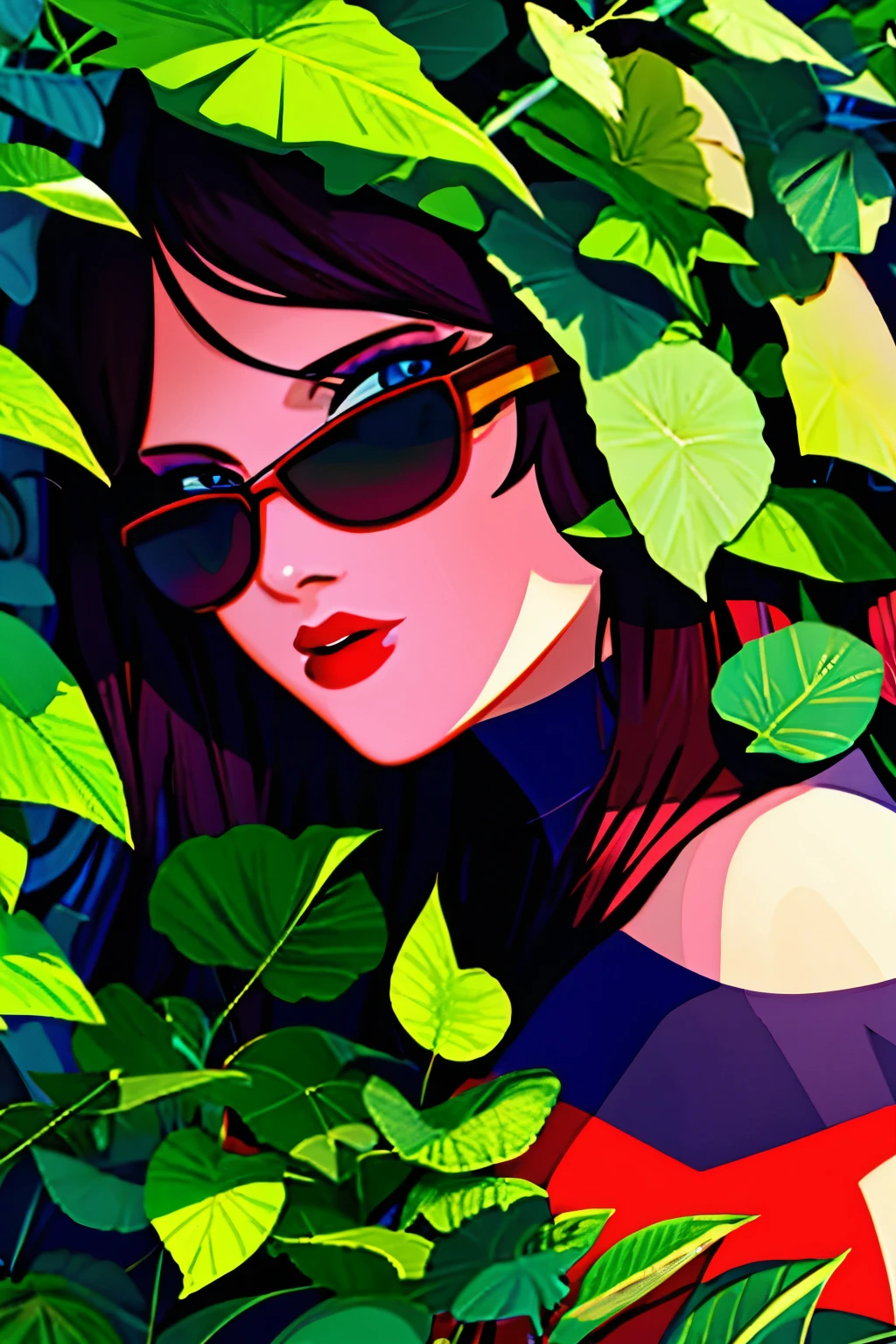 illustration
leaf
green theme
solo
no humans
plant
blue eyes
looking at viewer
sunglasses
outdoors
red lips
makeup
pokemon (creature)
lipstick
nature