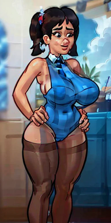 full body standing, straight and symmetrical, Huge breasted(work of art, best qualityer:1.2), cowboy shot, standing alone, 1milf, mmplatz, ssmile, looking ahead at viewer, hands on hips, twintails, twin drills, don, blue pantyhose, striped pantyhose, handcuffs on the hands, with a collar around the neck