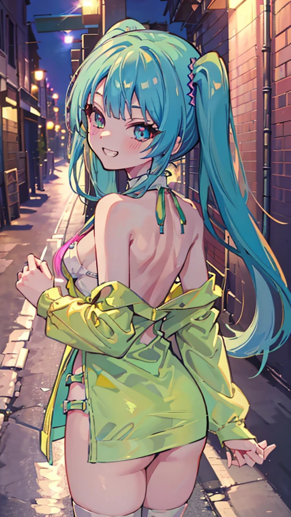(8K、Highest image quality、highest quality、masterpiece)、detailed face、((one ))、mesugaki、blue greenhair、twintails、blue greeneye evil smile、((grin))、small 、((pink bodycon))、cowboy shot、((Back alley background at night))