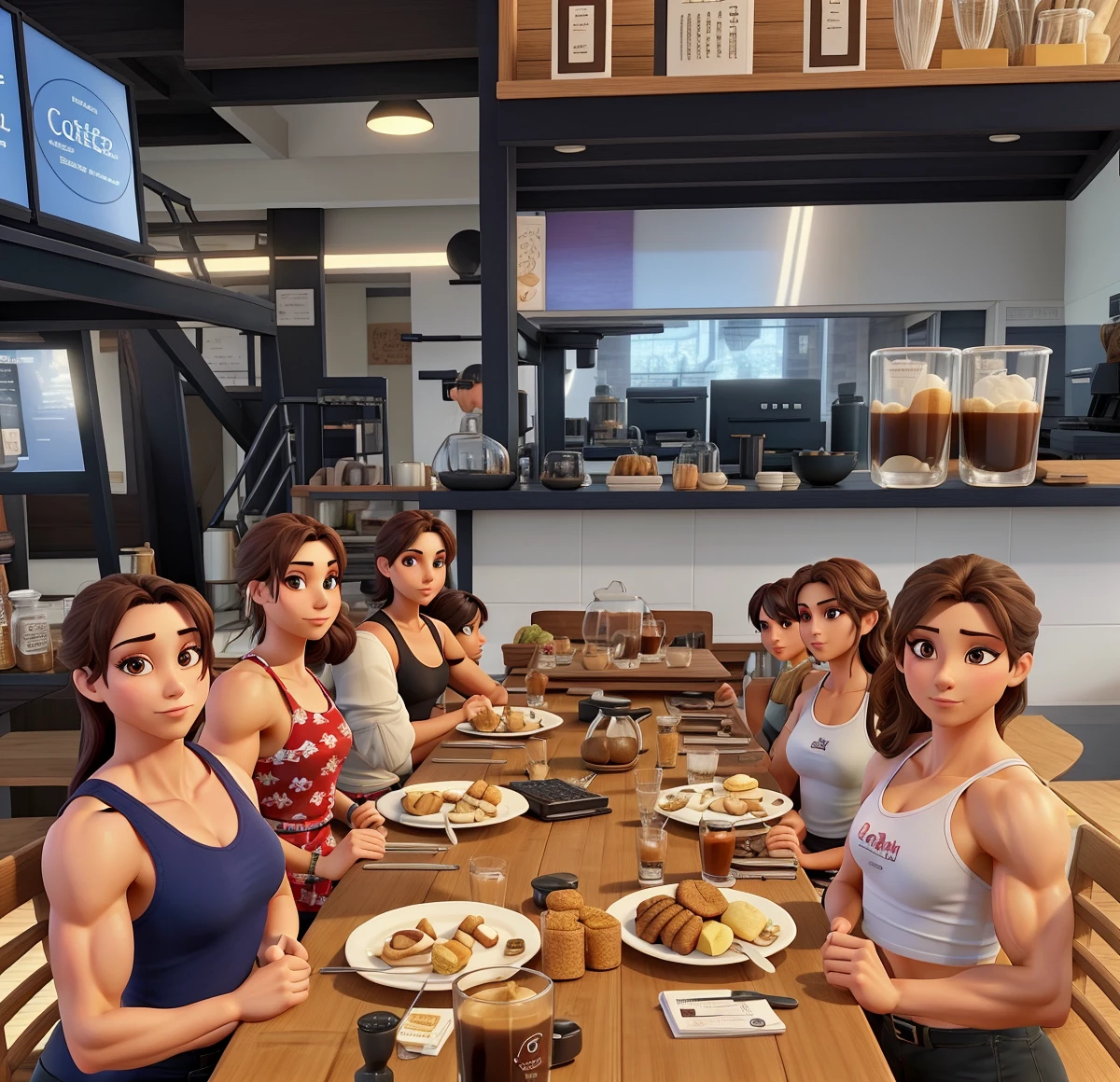 
Five beautiful muscular women posing for a background inside a beautiful coffee shop on a sunny day