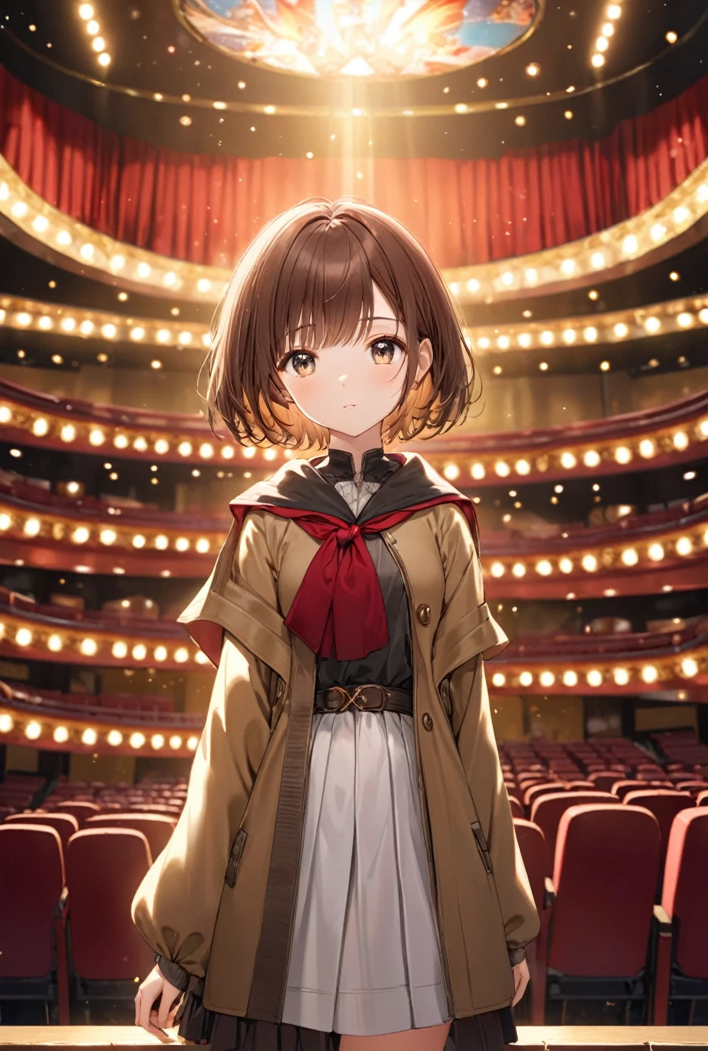 (Highest quality, 8k, 32K, masterpiece, Ultra-high resolution,:1.2),born, One girl,Super cute , A fantasy movie theater background, Clear, shining eyes, Age 25 ,Fair skin, Brown Haired Girl, General personal clothes, short hair, Sulky look