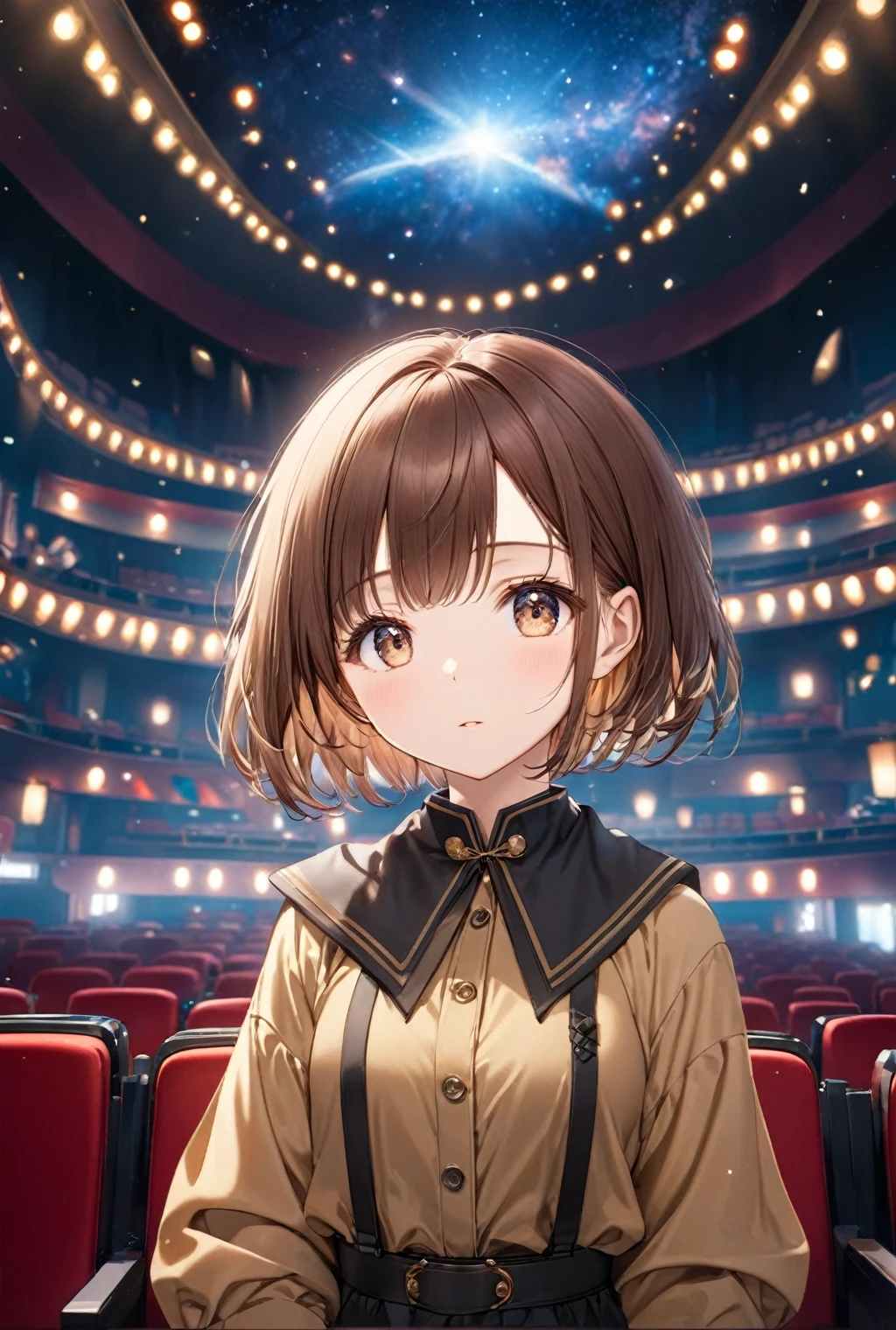 (Highest quality, 8k, 32K, masterpiece, Ultra-high resolution,:1.2),born, One girl,Super cute , A fantasy movie theater background, Clear, shining eyes, Age 25 ,Fair skin, Brown Haired Girl, General personal clothes, short hair, Sulky look