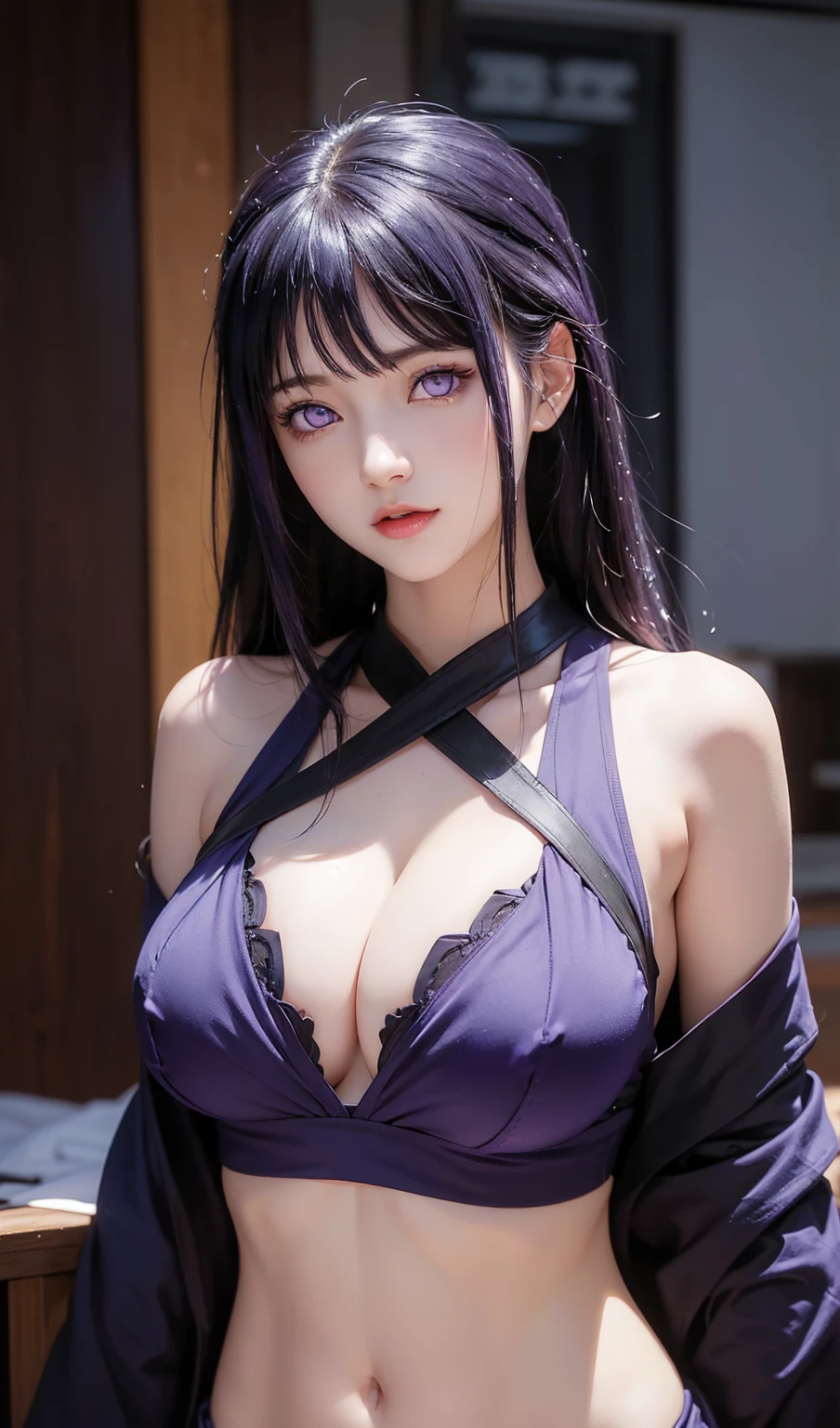1girl, hinata, hinata,cute face,pretty face, jaw dropping beauty,dark purple eyes, ((ultra high detailed 1.9)),((ultra high resolution 1.9)),((ultra high quality 1.9)),(masterpiece)), ((dark purple eyes)), dark eyes, (perfect lightings), (very Big breasts 1.9)), ultra huge breast, deep neckline sexy navel, very Big breasts, bursting breast, ultra huge breast,((very Big breasts 9.9)), dark purple eyes,((dark purple eyes)), dark purple eyes, dark purple eyes dark purple eyes