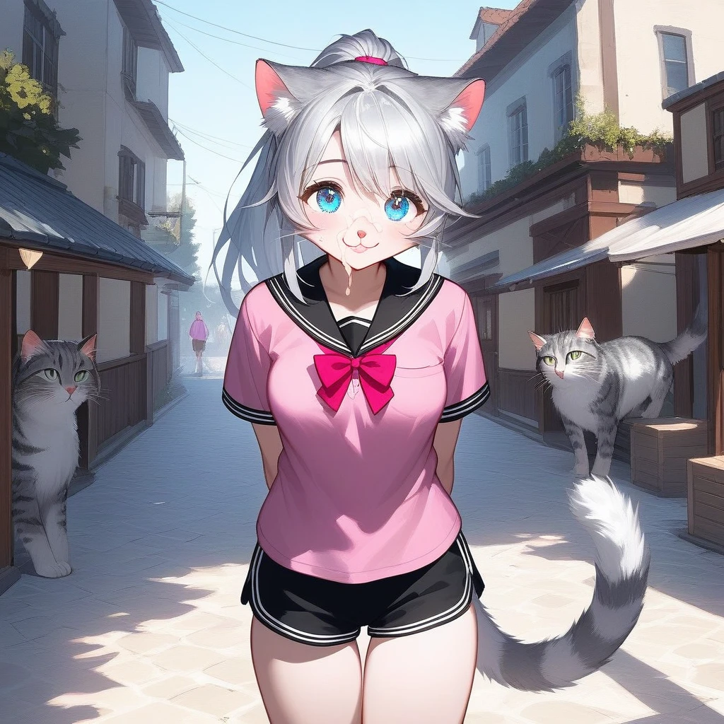 hair bobbles, long eyelasher, solid circle eyes, Light smile, Ear blush, Fang, White hair, Cat ears, shadowing, anaglyph, stereograms, angle of view, tachi-e, 8K, Super detail, ccurate, Best quality, Ultra HD swimsuit full body without NSFW cuteness