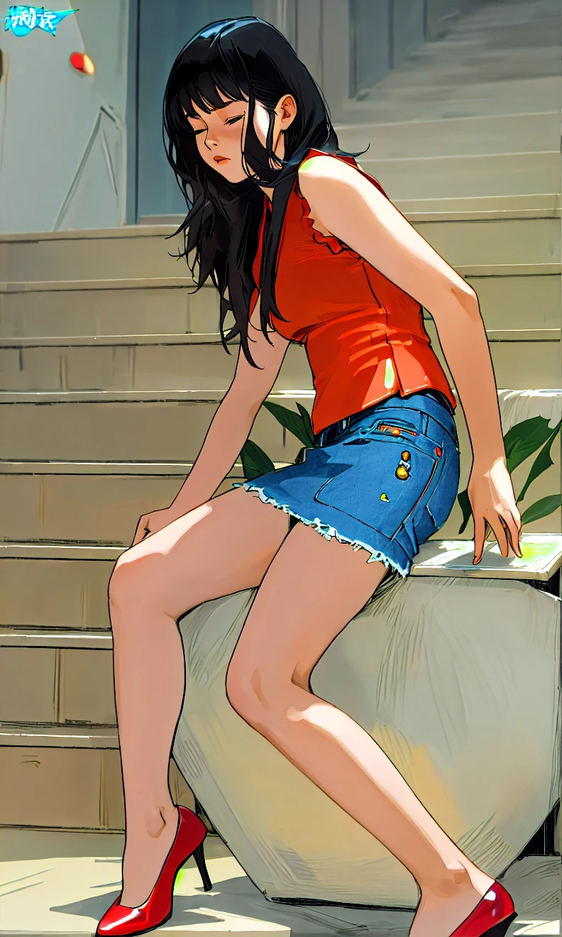 Pee、Pee、 flat color star piece, highest quality),  ,  young teen 13 years old, big breasts , panty shot,  long hair, smile, fun, smile, play, (sitting on the bench), (spread your legs), background railway, summer, bright色, bright, watercolor,Pee、Pee、Peeing