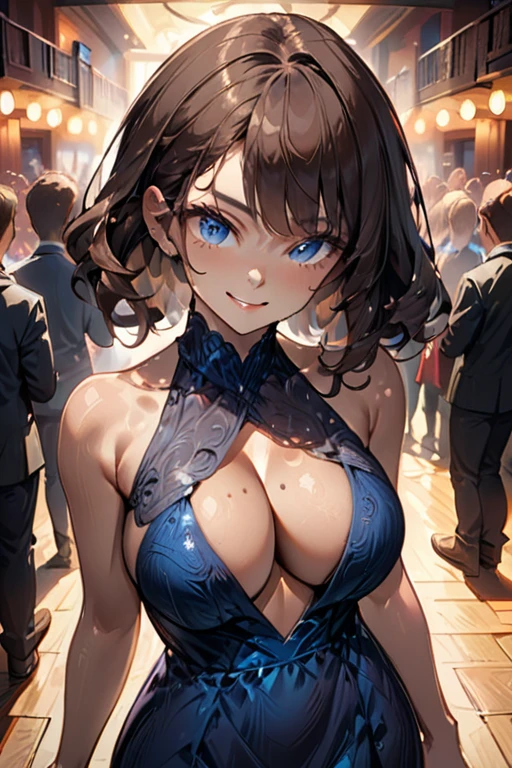 college woman; Strikingly attractive; Long, dark brown hair; blue eyes; Slender figure with large bust; smirking; standing in front of a crowded theater; best quality; soft blur background; trending on artstation; complex volumetric lighting; strong shadows; artistic lighting; dynamic; energetic vibe; realistic skin; specular highlights; micro-textures; highly detailed hair; contour drawing; wearing form-fitting modern stylish evening gown