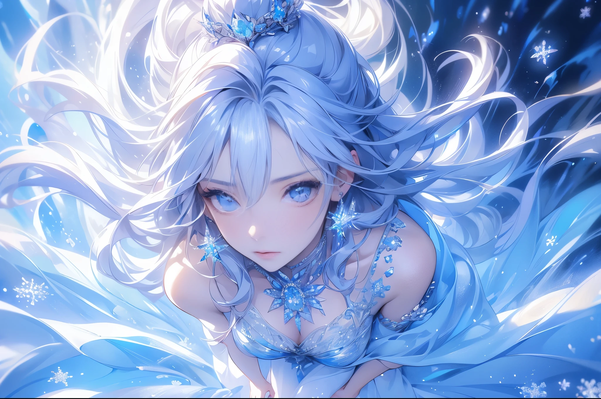 (Above the knees image:1.5)wood, Exquisite mini ice spikes and crystals, Frozen waterfall in the background, Light reflected by ice crystals, Flowing snowflakes.1 girl, Beautiful woman、pretty girl,A realistic person,Beautiful cleavage,small breasts
