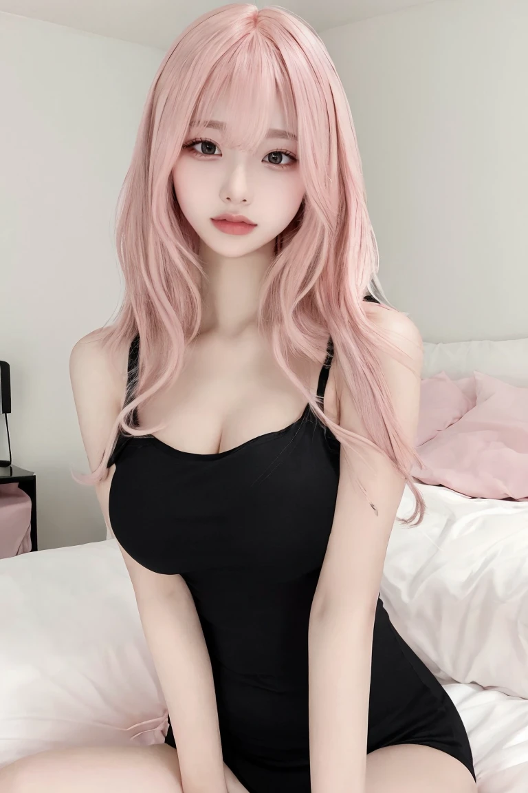 Selfie:1.5、From above、Cleavage:1.5、Full body image:1.2,(Pink Hair:1.5)、masterpiece、Highest quality、Extremely detailed 8K、Ultra HD、Very detailedな、Very detailed、Very realistic、Realistic、Japanese、One Girl、High head rate、Beautiful realistic face、Realistic face in every detail、Attention to detail, Realistic Hair、Beautiful and realistic hairstyles、Beautiful and realistic eyes、hVery detailed realistic eyes、Proportional eyes、HVery detailed pupils、Very detailedリアルな自然な眉毛、Very detailedリアルな唇、 Beautiful and realistic lips、Pink lipstick、Sexy lips、Realistic and well-proportioned breasts、Realistic medium sized breasts、Slim Abs、Very detailed皮膚、(tight black camisole:1.5)、(Sitting on a soft bed:1.5)、grin:1.5、From above、Cute room for female college students