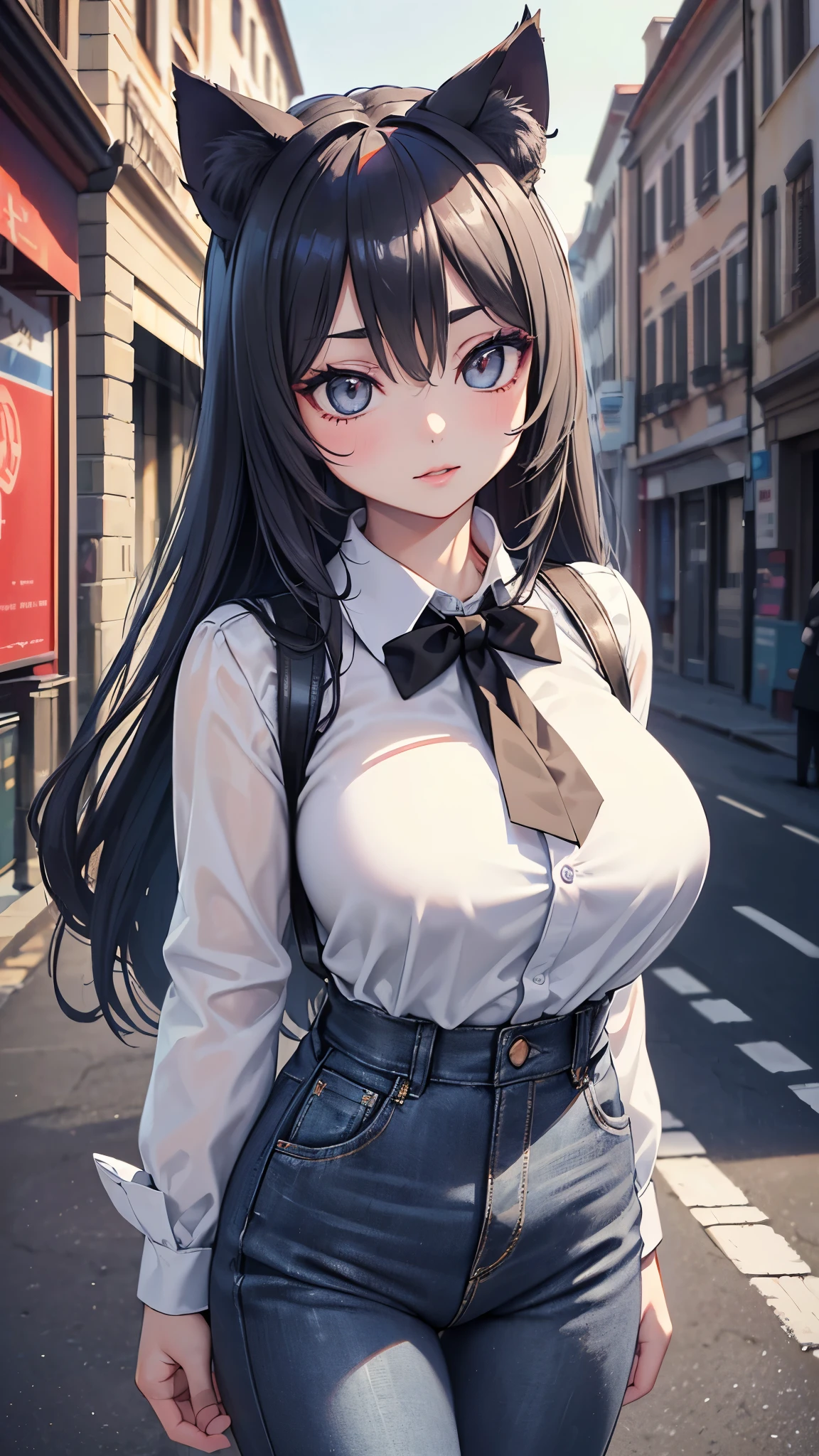(masterpiece, 最high quality, 超High resolution, Very detailed), (Realistic:1.1, photoRealistic:1.4), Perfect illustration, Perfect lighting,Hair in perfect detail, Perfect and detailed face, Perfect collarbone, Perfect body,Juicy breasts, Perfect Thighs, Beautiful feet, View your viewers, 1 Girl,Perfect Face, (Perfect Anatomy, Anatomically correct), Symmetrical face、((Shiny Hair)),Sexy Body、(masterpiece),(最high quality:1.3),8k,Very clear,(Ultra-realistic),,Captivating woman,(high quality, High resolution, Fine details), Realisticなスタイルの女性,Juicy breasts、One perfect woman、Perfect Face、Symmetrical face、Baby Face、((Large Breasts))、blush、((Juicy lips))、Cowboy Shot、((Heavy grey hair))、((Cat ears))、((Double black big cat eyes、Long eyelashes))、((Red makeup))、(((White collared shirt、Black tie)))、(((High waist denim pants)))、(Outdoor、On the streets of Rome)