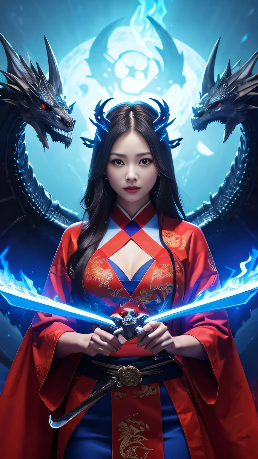 Girl, Holding a sword decorated with Japanese symbols, Blue flames coming out of the decoration, A dragon came out of it、A blue wind blows with a skull ghost, Perfect Judy with a face and scythe，The woman is wearing a proper red outfit made of sickle steel., The woman&#39;s hair is black, The woman is the incarnation of the demon., Dragon on background，4K，8k，(The background of the CG 8k module is very detailed) (Highest quality), (Best illustrations), (Best shade), Very detailed t--v6