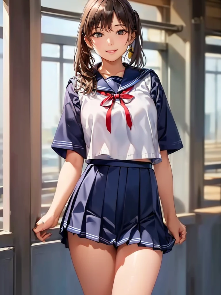 (Highest quality、8k、32K、masterpiece)、(Realistic)、(Realistic:1.2)、(High resolution)、Very detailed、Very beautiful face and eyes、(((Women's Solo Shot)))、Frame In、Tight waist、(Highest quality、Attention to detail、Rich skin detail)、(Highest quality、8k、Oil paints:1.2)、(Realistic、Realistic:1.37)、Bright colors、(((Cowboy Shot)))、(((Medium Hair)))、(((smile)))、(((Black Hair)))、(((Side Ponytail)))、(((Sailor suit、Red ribbon tie、Short sleeve)))、(((Navy blue pleated skirt)))、(((Inside the school building)))、(((Students having fun)))、((Fold your arms in front of your chest))、(((school uniform, Sailor suit、白いSailor suit, Dark blue pleated skirt:1.23)))