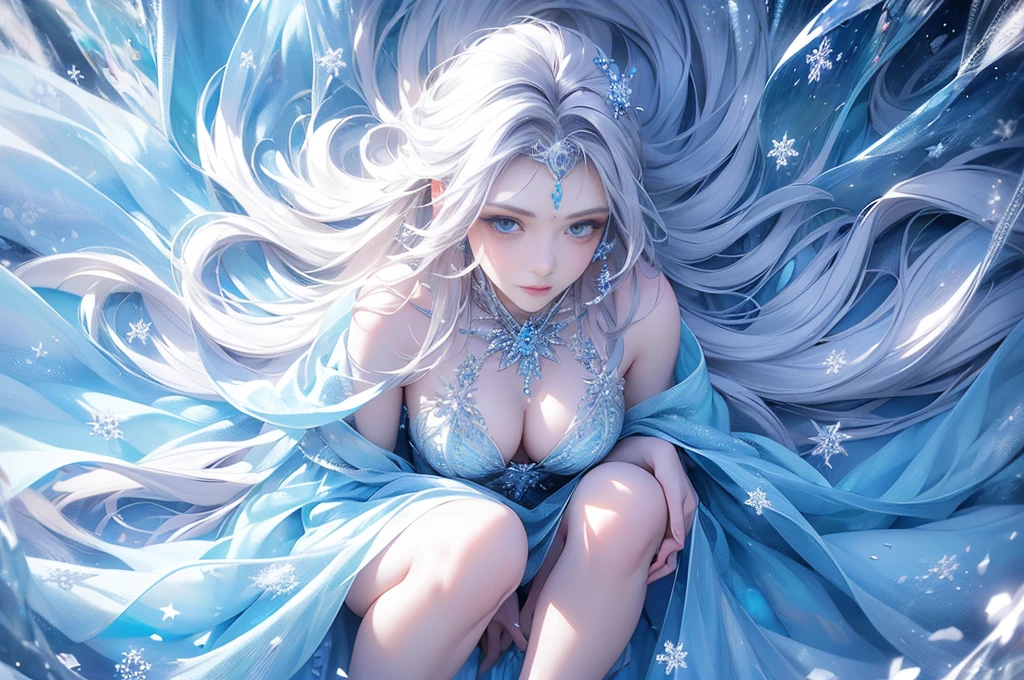 (Above the knees image:1.5)wood, Exquisite mini ice spikes and crystals, Frozen waterfall in the background, Light reflected by ice crystals, Flowing snowflakes.1 girl, Beautiful woman、pretty girl,A realistic person,Beautiful cleavage,small breasts