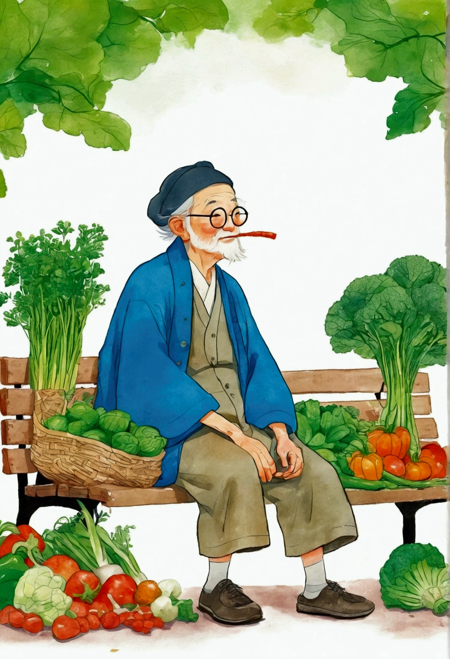 An old man sitting on a bench，A cartoon illustration with a bunch of vegetables around, Comic Cover, Inspired by Qu Leilei, old lady, Cover Illustration, author David Diao, by Qu Leilei, author：Yan Hui, old lady cyborg merchant, an old lady, by Li Zai, Detailed fan art, Inspired by Yao Tingmei, author：Yang J