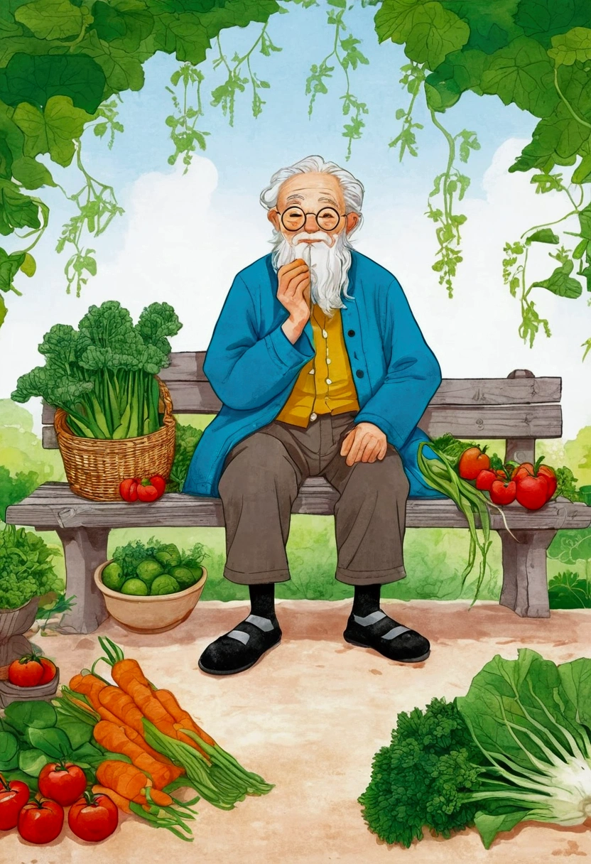 An old man sitting on a bench，A cartoon illustration with a bunch of vegetables around, Comic Cover, Inspired by Qu Leilei, old lady, Cover Illustration, author David Diao, by Qu Leilei, author：Yan Hui, old lady cyborg merchant, an old lady, by Li Zai, Detailed fan art, Inspired by Yao Tingmei, author：Yang J