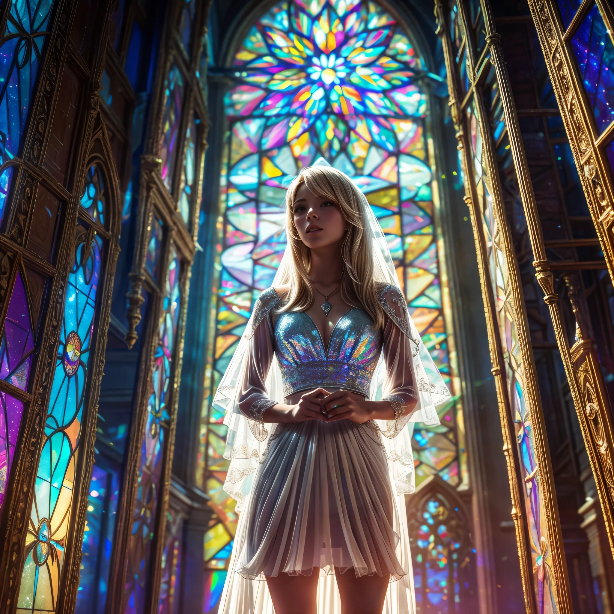 (Cathedral from below:1.28) (ZoomLayer) TopQuality 8K masterpiece of ((Professional photo)), (((Clarisse de Cagliostro))) (Detailed White WeddingDresses), Chain, (((Extremely detailed KAWAII face))) {((VeiledFace))|BlondeHair|(Elaborate BuleEyes)with(SparklingHighlights:1.28)}, The background is distant (((Elaborate stained glass))) Rainbow Glass, {(MysticSight)|EnchantingAtmosphere|Haze|(GodRays)|TyndallEffect}, Radiant PearlSkin with Transparency, (Exposed:0.39)