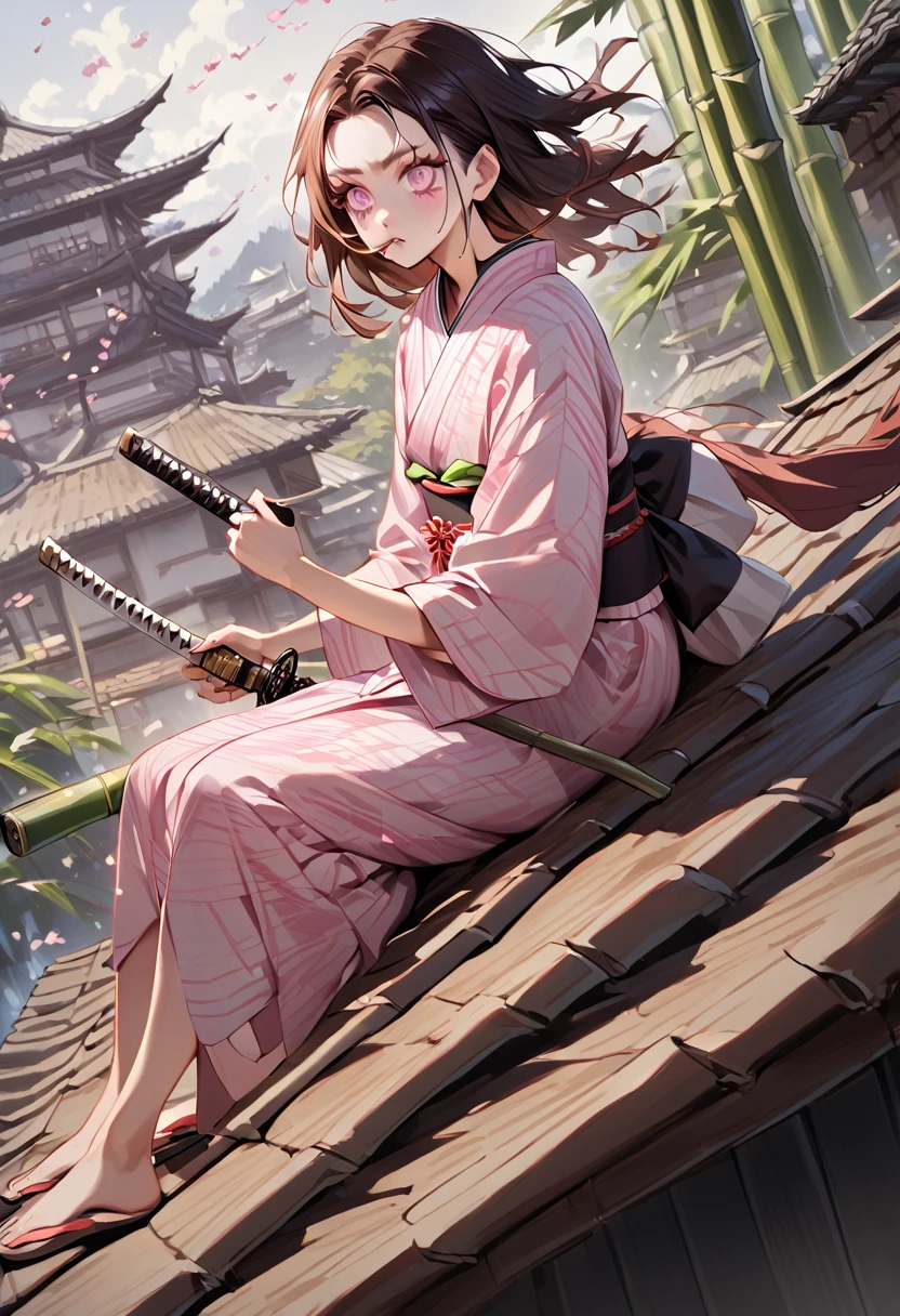 a female character, wearing a plain colored kimono, named "NEZUKO" in the story "demon slayer" with pink eyes, flip-flops, with a mouth that is biting pieces of bamboo, is sitting on a roof tile while holding a katana, with realistic cherry blossom effects flying