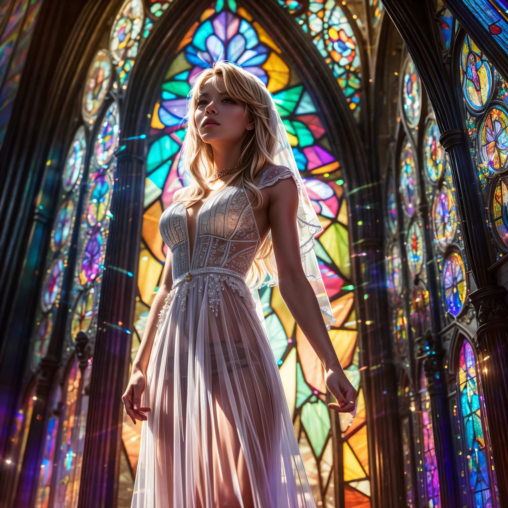 (Cathedral from below:1.28) (ZoomLayer) TopQuality 8K masterpiece of ((Professional photo)), (((Clarisse de Cagliostro))) (Detailed White WeddingDresses), Chain, (((Extremely detailed KAWAII face))) {((VeiledFace))|BlondeHair|(Elaborate BuleEyes)with(SparklingHighlights:1.28)}, The background is distant (((Elaborate stained glass))) Rainbow Glass, {(MysticSight)|EnchantingAtmosphere|Haze|(GodRays)|TyndallEffect}, Radiant PearlSkin with Transparency, (Exposed:0.39)