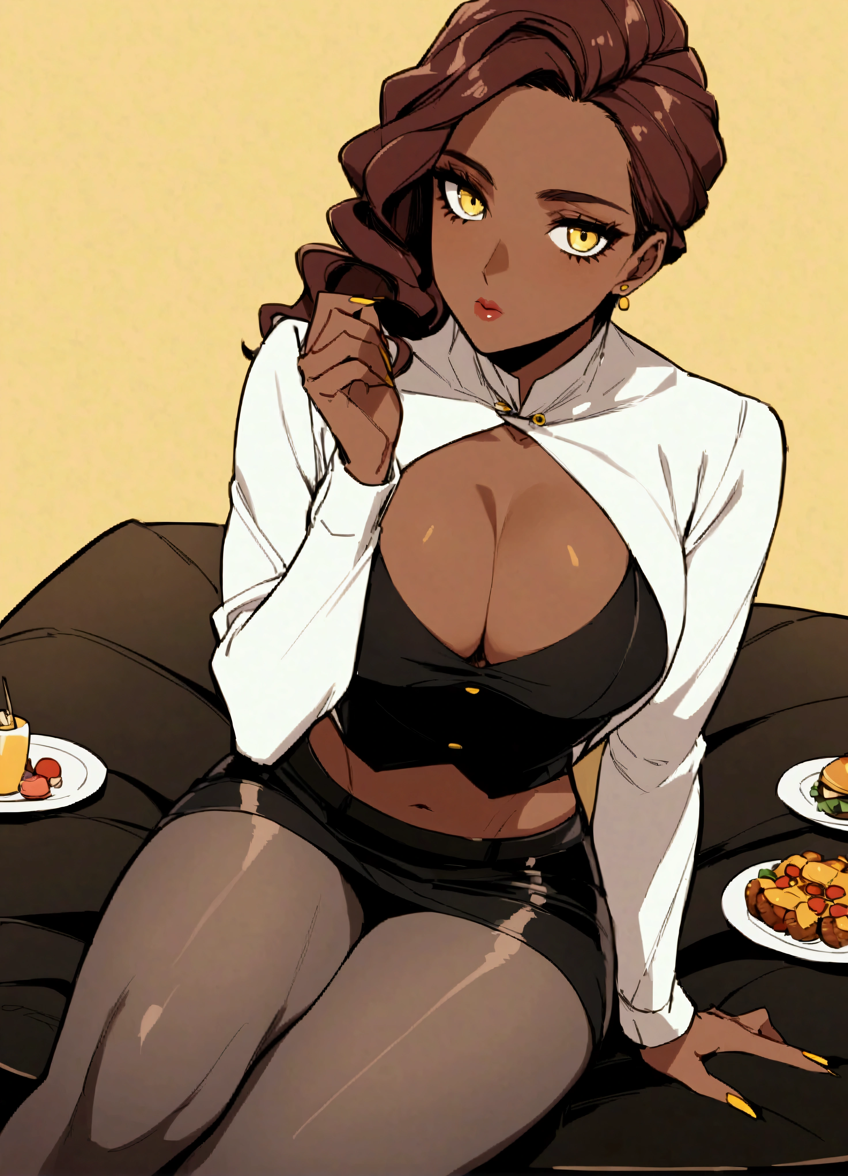 solo、One woman、Mariah (Jojo)、Dark Skin、Dark Skinの女性、Expressionless、sitting、Food、Yellow Eyes、skirt、hose、abdomen、Cleav