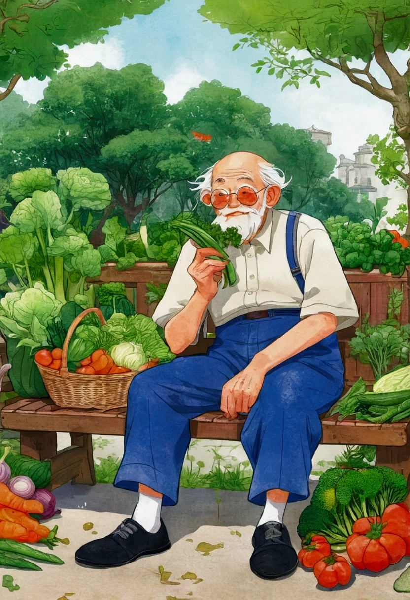 An old man sitting on a bench，A cartoon illustration with a bunch of vegetables around, Comic Cover, Inspired by Qu Leilei, old lady, Cover Illustration, author David Diao, by Qu Leilei, author：Yan Hui, old lady cyborg merchant, an old lady, by Li Zai, Detailed fan art, Inspired by Yao Tingmei, author：Yang J