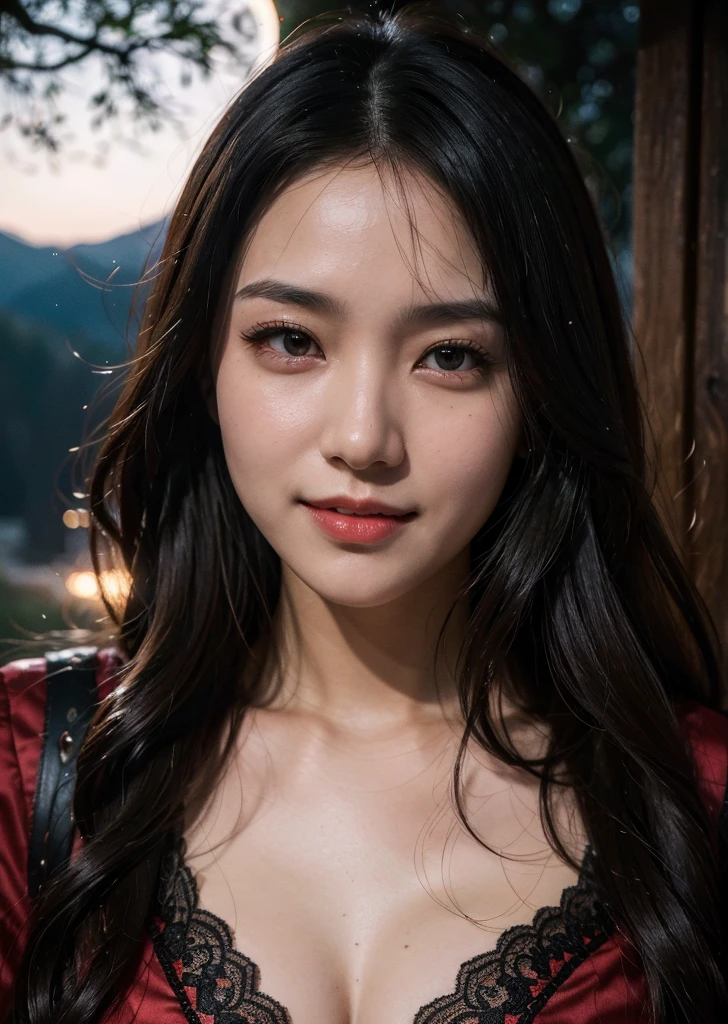 (1 female)、Highest quality、masterpiece、Ultra-high resolution、(Photographic realism:1.4)、Original photo,Octane Rendering、8k、Ultra Sharp、Dracula、In the pitch-black forest、Illuminated by the moonlight、Horror game world ,vampire、fear、scared, fearを楽しんでいる、Lace Underwear、Bright red naily hair is stuck to my face with sweat、smile、Bold outfit、Perfect detail, captivating and mesmerizing,Beautiful Asian Girl,
