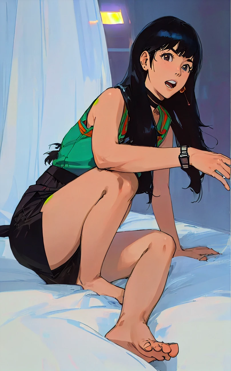 (masterpiece, best quality:1.2),  noodle (gorillaz), 1girl, black hair, solo, black eyes, short hair, bob cut, , small breasts, (parted lips:1.4), (nose blush:1.2), foreshortening, blackcutoffs, (eye contact), high contrast, detailed, breasts visible, Showing breasts, (cinematic lighting), ((high-angle view)), (half body shadow), [backlighting], [crepuscular ray], [detailed ambient light], [gray natural lighting], [ambient light on the belly], (higher wildlife feral detail), [explict content], [sharp focus], (questionable content), (shaded), Commission for High Res, detailed image, bright colors, detailed face, perfect lighting, perfect shadows, perfect eyes, girl focus, flawless face, gorgeous body, shiny body, center focus, gaze at the viewer, 1girl, solo, (masterpiece:1.21), (best quality:1.2), (illustration:1.2), (cinematic lighting:1.3), balanced coloring, global illumination, ray tracing, good lighting, cleavage, attractive body, sexy body, SFW, skinny, child, young age, (((from below))), busy city, foreshortening, (seductive pose), looking at viewer, blackcutoffs, (eye contact), masterpiece, high contrast, hyper detailed, best quality, ultra high res, photorealistic, high resolution, detailed, raw photo,